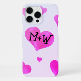 ピンクの水彩ハート カスタムカップル 名前イニシャル iPhone 16 PRO MAXケース