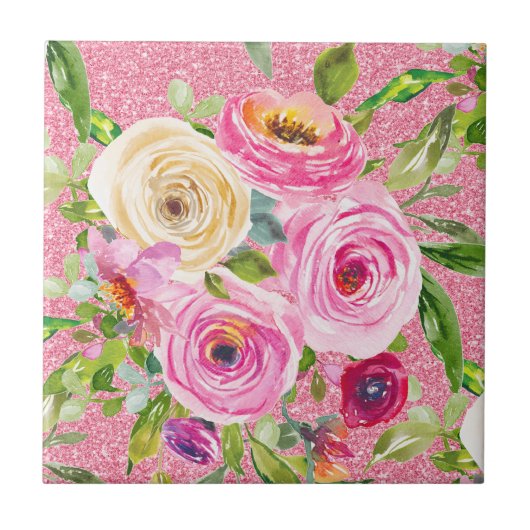 ピンクの水彩バラとピンクのクリームグリッター タイル (正面)