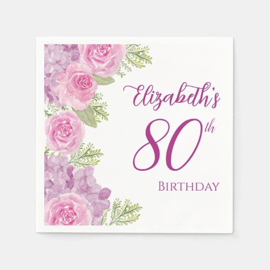 ピンクの水彩バラの80歳の誕生日コースター スタンダードカクテルナプキン (正面)