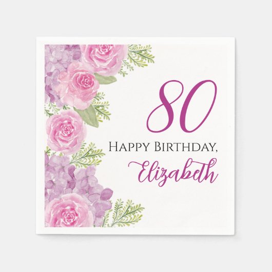 ピンクの水彩バラの80歳の誕生日ペーパー スタンダードカクテルナプキン (正面)