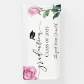 ピンクの水彩バラ卒業パーティバナー 横断幕 (縦)