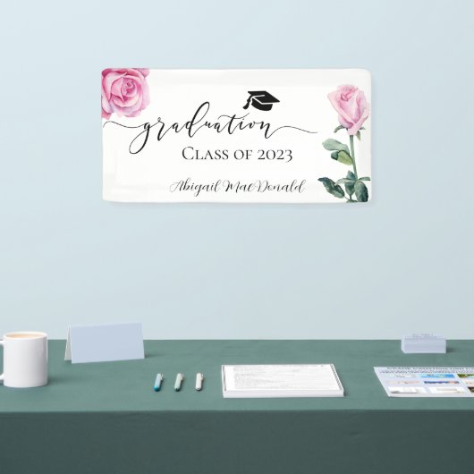 ピンクの水彩バラ卒業パーティバナー 横断幕 (トレードショー)