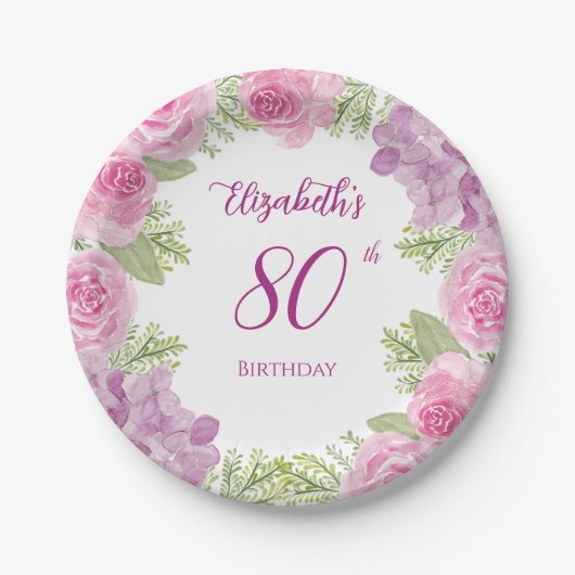 ピンクの水彩バラ 80歳の誕生日 ペーパープレート (正面)