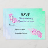 ピンクの水彩バレエシューズとチュチュへの返信 招待状 (正面/裏面)