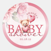 ピンクの水彩バレンタイン テディベア ベビーシャワー ラウンドシール (正面)