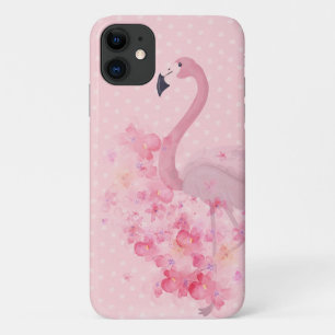 ピンクの水彩フラミンゴフローラと点 iPhone 11 ケース