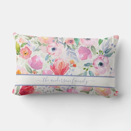 ピンクの水彩フラワーファミリー名スクリプト ランバークッション (裏面)