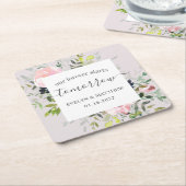 ピンクの水彩フローラが明日から永遠に始まる スクエアペーパーコースター (アングル)