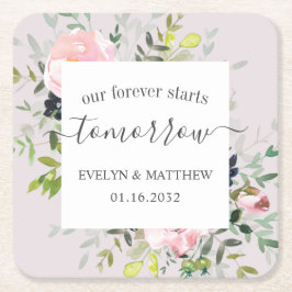 ピンクの水彩フローラが明日から永遠に始まる スクエアペーパーコースター