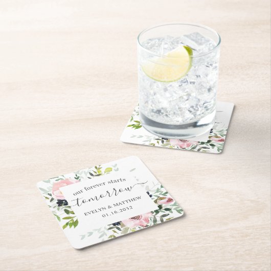 ピンクの水彩フローラが明日から永遠に始まる スクエアペーパーコースター (インサイチュ)