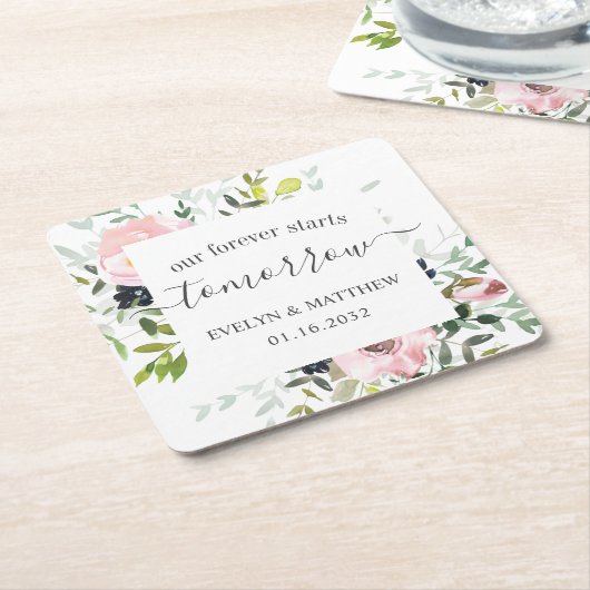 ピンクの水彩フローラが明日から永遠に始まる スクエアペーパーコースター (アングル)