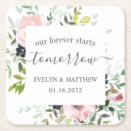 ピンクの水彩フローラが明日から永遠に始まる スクエアペーパーコースター