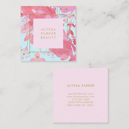 ピンクの水彩フローラとベビーブルー(金ゴールド付き) スクエア名刺 (正面/裏面)