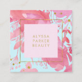 ピンクの水彩フローラとベビーブルー(金ゴールド付き) スクエア名刺 (正面)