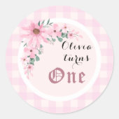 ピンクの水彩フローラと可愛い誕生日パーティー ラウンドシール (正面)