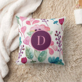 ピンクの水彩フローラアートかわいいモノグラム クッション (ブランケット)