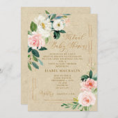 ピンクの水彩フローラクラフトバーチャルベビーシャワー 招待状 (正面/裏面)