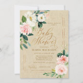 ピンクの水彩フローラクラフトベ素朴ビーシャワー 招待状 (正面)