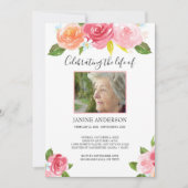 ピンクの水彩フローラライフお祝い写真 招待状 (正面)