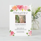 ピンクの水彩フローラライフお祝い写真 招待状 (スタンド正面)