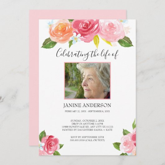 ピンクの水彩フローラライフお祝い写真 招待状 (正面/裏面)