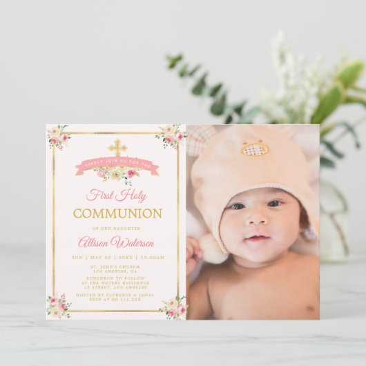 ピンクの水彩フローラ初の聖堂写真 招待状 (スタンド正面)