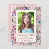 ピンクの水彩フローラ卒業ありがとう 案内ポストカード (正面/裏面)