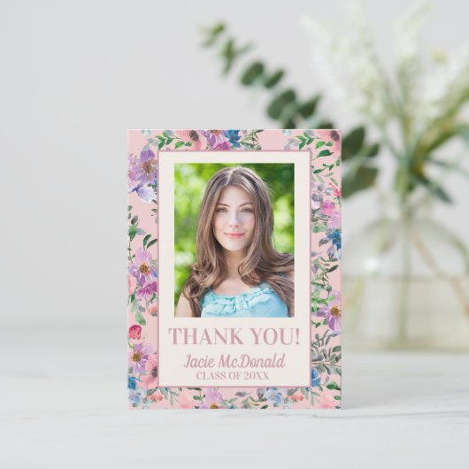ピンクの水彩フローラ卒業ありがとう 案内ポストカード (スタンド正面)
