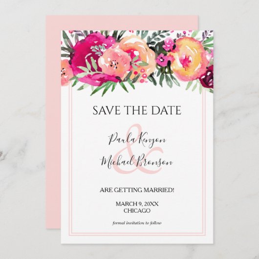 ピンクの水彩フローラ日付カードの保存 (正面/裏面)