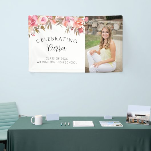 ピンクの水彩フローラ書道の卒業 横断幕 (トレードショー)