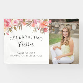 ピンクの水彩フローラ書道の卒業 横断幕