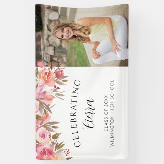 ピンクの水彩フローラ書道の卒業 横断幕 (縦)