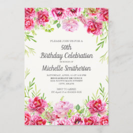 ピンクの水彩フローラ緑50誕生日 招待状
