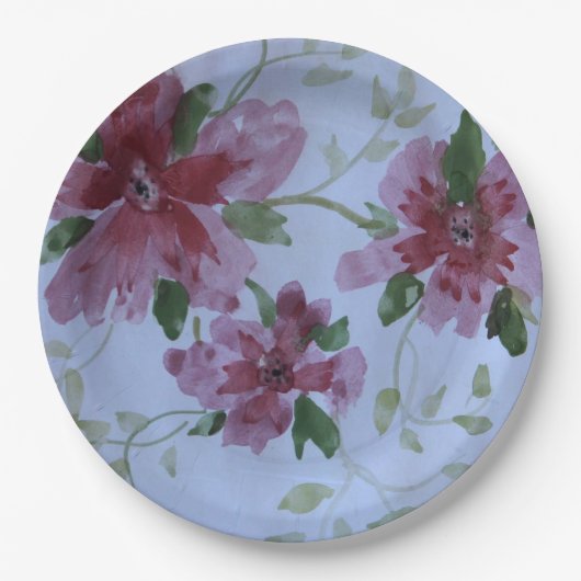 ピンクの水彩フローラ ペーパープレート (正面)