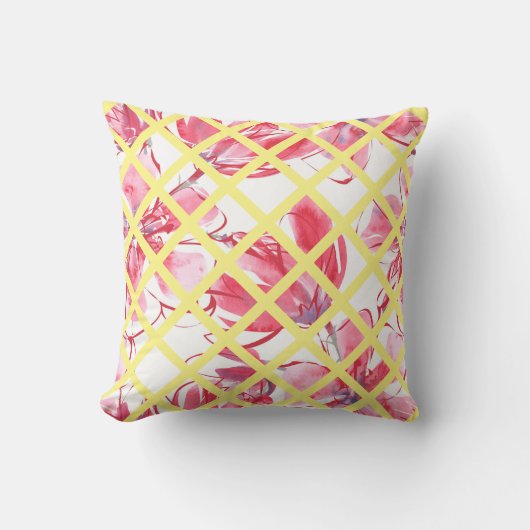 ピンクの水彩フローラ、柔らかい黄色の格子、 クッション (正面)