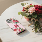 ピンクの水彩ブルゴーニュの花柄のカスタムネーム iPhoneケース