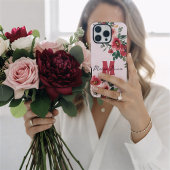 ピンクの水彩ブルゴーニュの花柄のカスタムネーム iPhoneケース