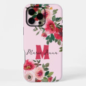ピンクの水彩ブルゴーニュの花柄のカスタムネーム iPhoneケース (裏面)