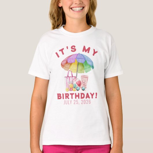 ピンクの水彩プールパーティーの女の子の誕生日おめでとう Tシャツ (正面)