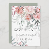 ピンクの水彩ペオニーグリーンウェディング セーブザデート (正面/裏面)