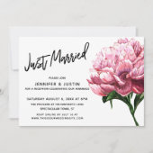 ピンクの水彩ペオニーフラワーと"Just Married"のモダンな手書きフォント 招待状 (正面)