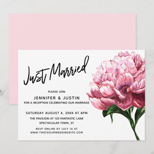 ピンクの水彩ペオニーフラワーと"Just Married"のモダンな手書きフォント 招待状 (正面/裏面)