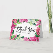 ピンクの水彩ポインセチアのクリスマス＆ウェディング サンキューカード (正面)