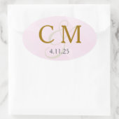ピンクの水彩モノグラムラベル 楕円形シール (バッグ)