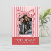 ピンクの水彩リボンストライプのクリスマスフォト 招待状 (スタンド正面)