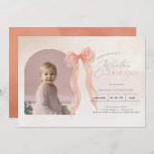 ピンクの水彩リボン冬のワンダーランドアーチ写真 招待状 (正面/裏面)