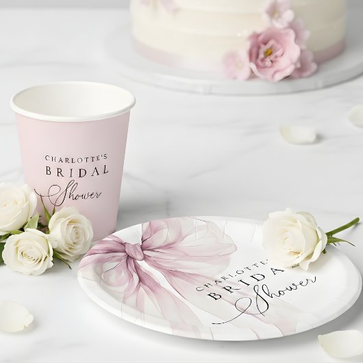 ピンクの水彩リボン ブライダルシャワー ペーパープレート