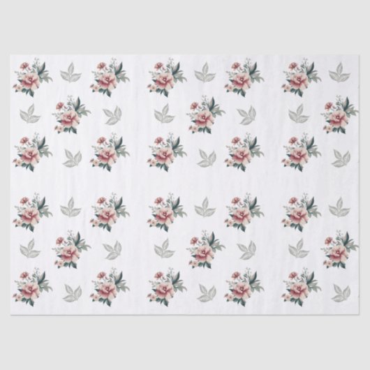 ピンクの水彩ローズとターコイズの葉 薄葉紙 (正面)