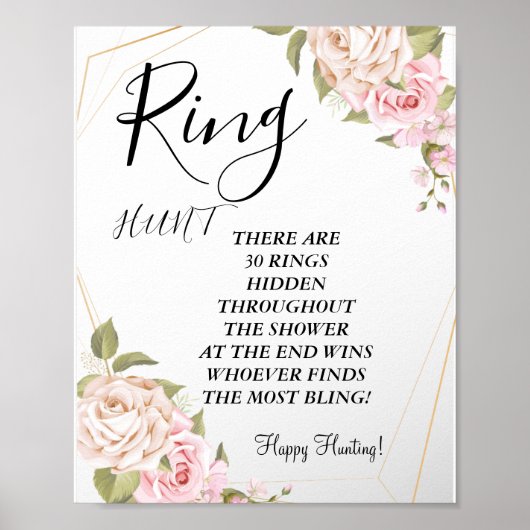 ピンクの水彩ローズの指輪 ブライダルシャワーゲーム サイン (正面)