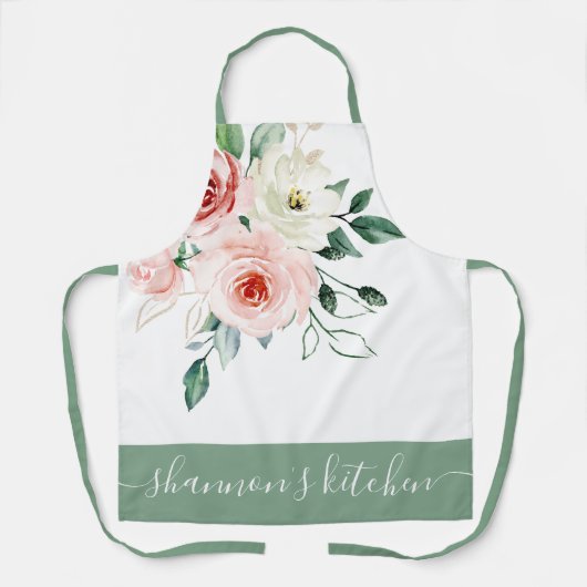 ピンクの水彩ローズオールオーバー印刷エプロン エプロン (正面)